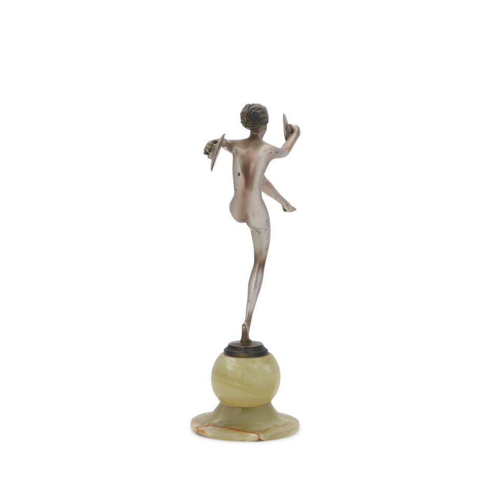 JOSEF LORENZL (1892-1950) NUDE DANCER WITH CYMBALS Vienna, Austria, circa 1930, nickel-plated br... - 3