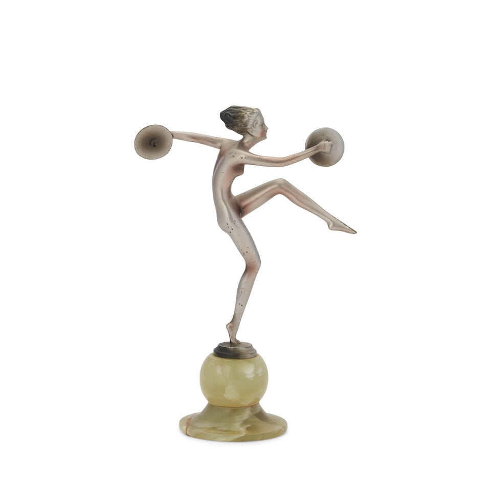JOSEF LORENZL (1892-1950) NUDE DANCER WITH CYMBALS Vienna, Austria, circa 1930, nickel-plated br... - 5