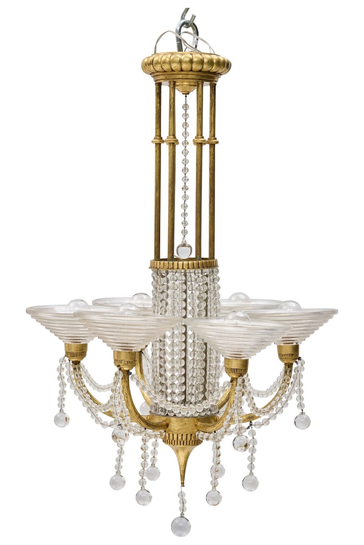 GEORGES LELEU (1883-1961) SIX-ARM CHANDELIER France, circa 1930, gilt bronze, glass, six candela... (1 of 1)