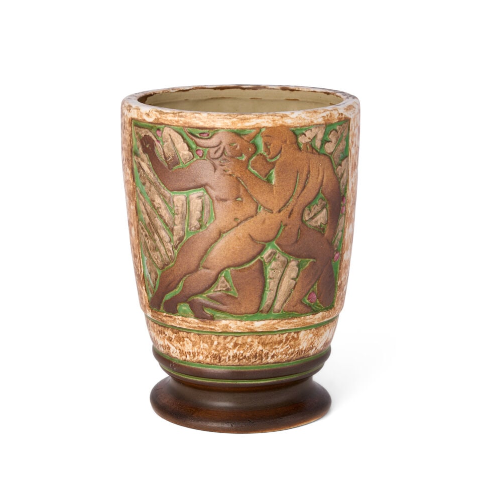 GASTON GOOR (1902-1977) FOR MOUGIN 'LES HEROS GRECS' VASE Nancy, France, circa 1930, glazed and ...: GASTON GOOR (1902-1977) FOR MOUGIN 'LES HEROS GRECS' VASE Nancy, France, circa 1930, glazed and molded stoneware, depicting Theseus and Heracles, molded mark 'Gres Mougin Nancy 190s model de G. Goor' 