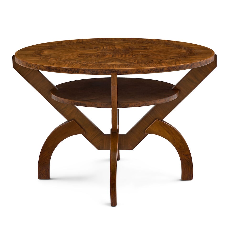 FRENCH ART DECO MARQUETRY CENTER TABLE circa 1940, walnut, walnut veneer, burlwood and other ven... (1 of 3)