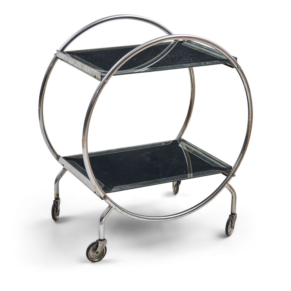 ART DECO DRINKS TROLLEY circa 1935, chromed steel, black enameled and mirror glass, unmarked, ht... - 2