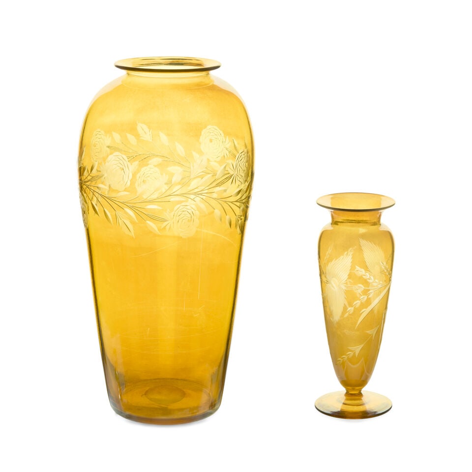 TWO VICTOR DURAND JR. (1870-1931) CUT GLASS VASES Millville, New Jersey, circa 1925, handblown a...: TWO VICTOR DURAND JR. (1870-1931) CUT GLASS VASES Millville, New Jersey, circa 1925, handblown and cut glass, taller vase signed 'Durand' to underside of base, ht. 8 1/8 and 13 3/4 in. For further inf