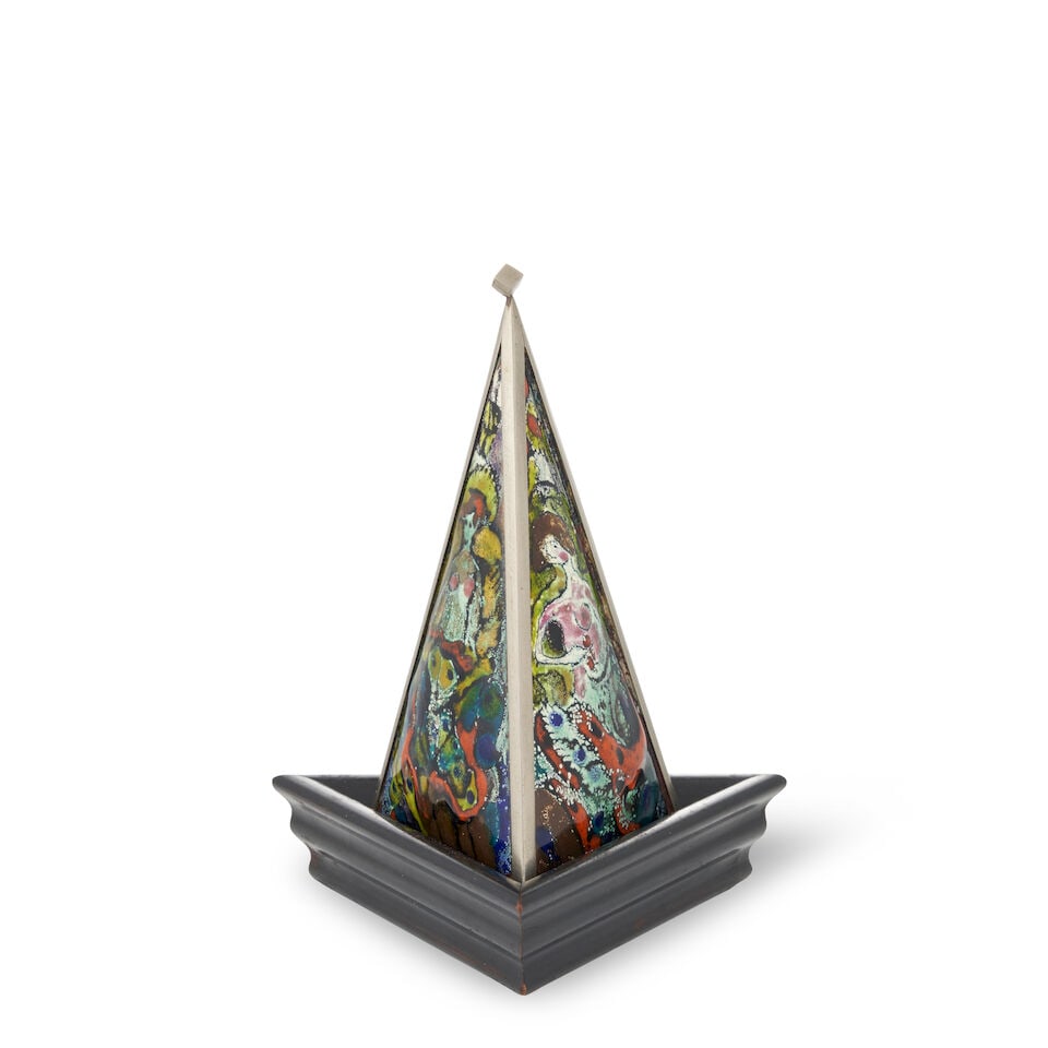 VIENNA SECESSIONIST ENAMEL SCULPTURE Austria, circa 1920, enamels on copper, silver plate, eboni...: VIENNA SECESSIONIST ENAMEL SCULPTURE Austria, circa 1920, enamels on copper, silver plate, ebonized wood, underside of wood base marked 'Max Welz..Wien...,' total ht. 5 1/2 in. Footnotes: Max Welz was