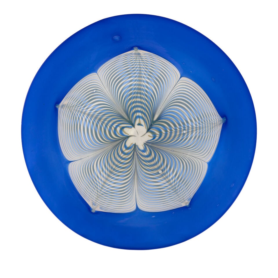 VICTOR DURAND JR. (1870-1931) SERVING PLATE Millville, New Jersey, circa 1925, blown glass with ...: VICTOR DURAND JR. (1870-1931) SERVING PLATE Millville, New Jersey, circa 1925, blown glass with peacock feather design, unmarked, dia. 14 1/4 in. Footnotes: Literature For a similar example, see Mesch