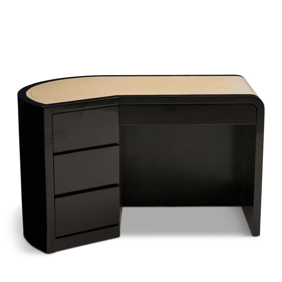 ART DECO DESK probably United States, circa 1930, black lacquered wood, tooled leather, oak and ... (1 of 4)