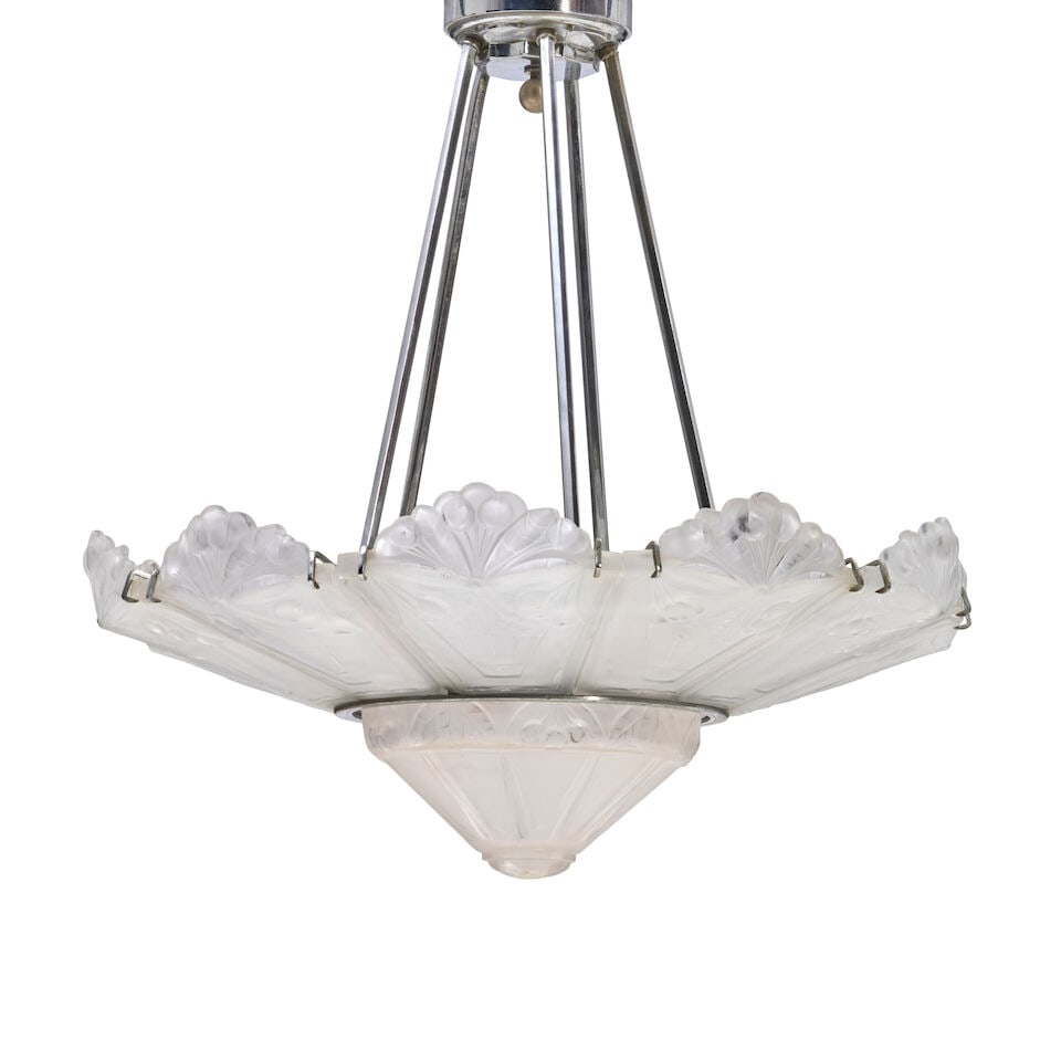 MARIUS-ERNEST SABINO (1878-1961) ART DECO CHANDELIER France, circa 1930, frosted glass, chromed ...: MARIUS-ERNEST SABINO (1878-1961) ART DECO CHANDELIER France, circa 1930, frosted glass, chromed brass, twelve candelabra-base sockets, hardwired, molded glass elements depicting stylized fruit and lea