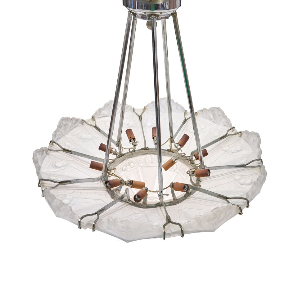 MARIUS-ERNEST SABINO (1878-1961) ART DECO CHANDELIER France, circa 1930, frosted glass, chromed ... - 2