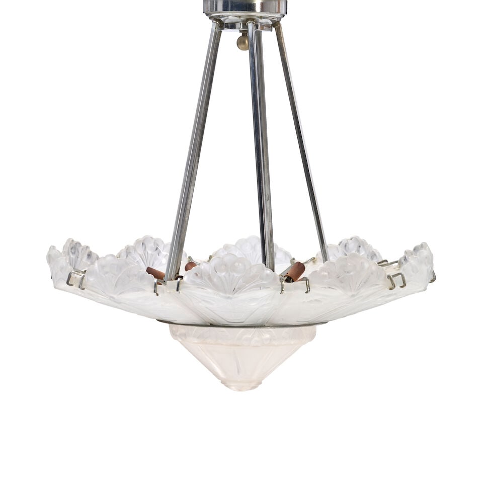 MARIUS-ERNEST SABINO (1878-1961) ART DECO CHANDELIER France, circa 1930, frosted glass, chromed ... - 4