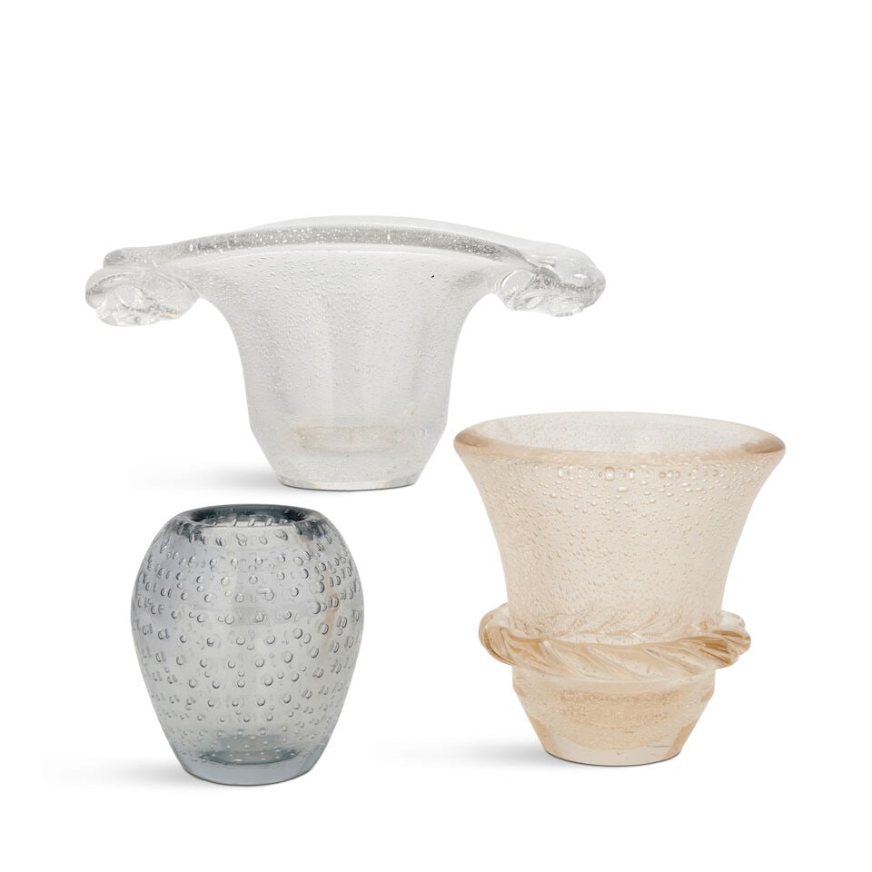 THREE DAUM ART DECO VASES Nancy, France, circa 1928, bubble and controlled bubble glass, incised...: THREE DAUM ART DECO VASES Nancy, France, circa 1928, bubble and controlled bubble glass, incised marks 'Daum Nancy France' and Cross of Lorraine, ht. 6 to 7 3/4 in. For further information on this lot