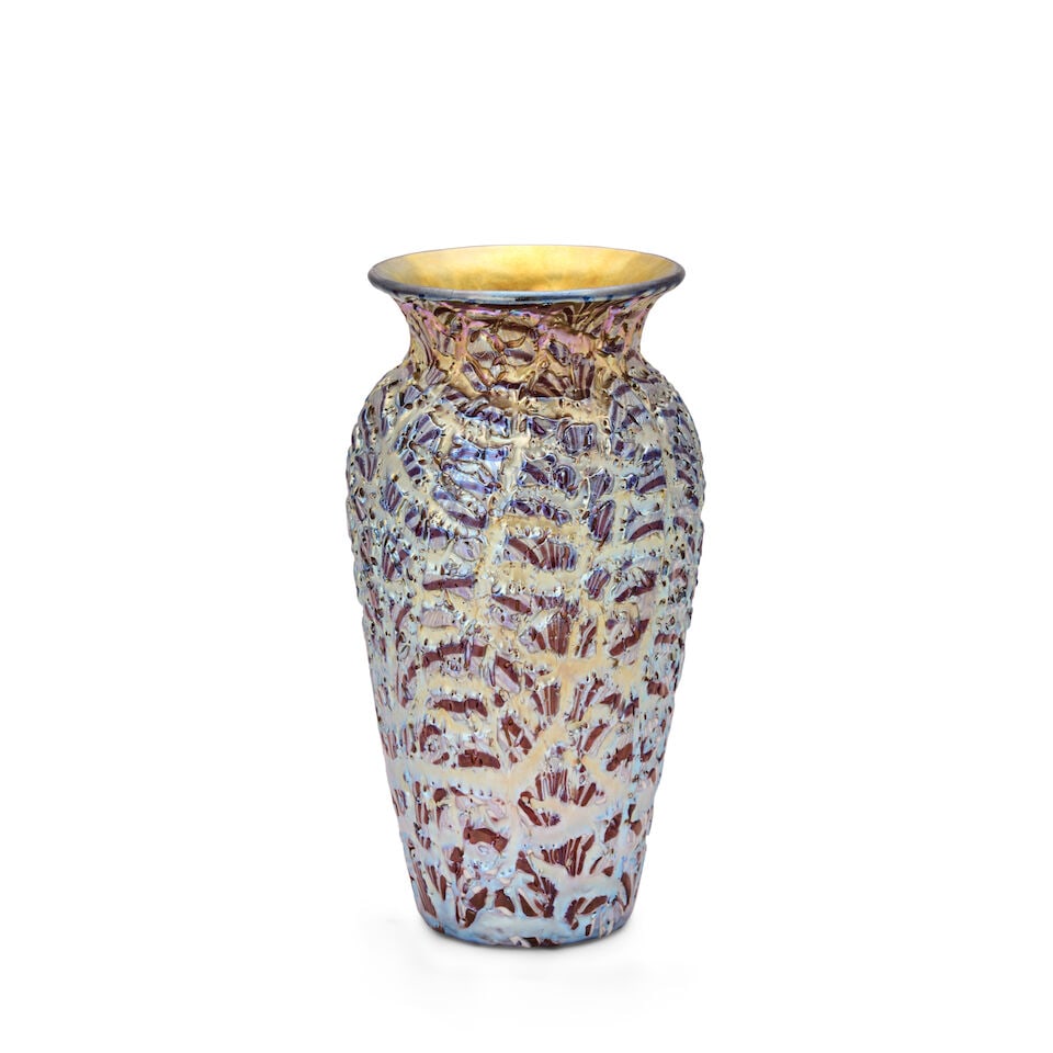 VICTOR DURAND (1870-1931) 'MOORISH CRACKLE' VASE Millville, New Jersey, circa 1925, blown glass,...: VICTOR DURAND (1870-1931) 'MOORISH CRACKLE' VASE Millville, New Jersey, circa 1925, blown glass, unmarked, ht. 8 1/2 in. For further information on this lot please visit Bonhams.com For further inform