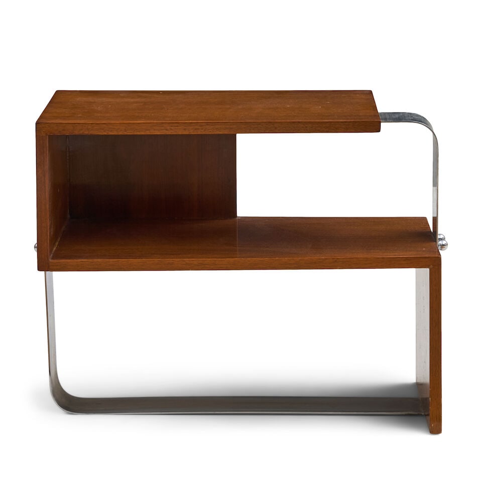 MODERNIST END TABLE mid-20th century, mahogany veneer, chromed steel, unmarked, ht. 21, wd. 27, ... - 2