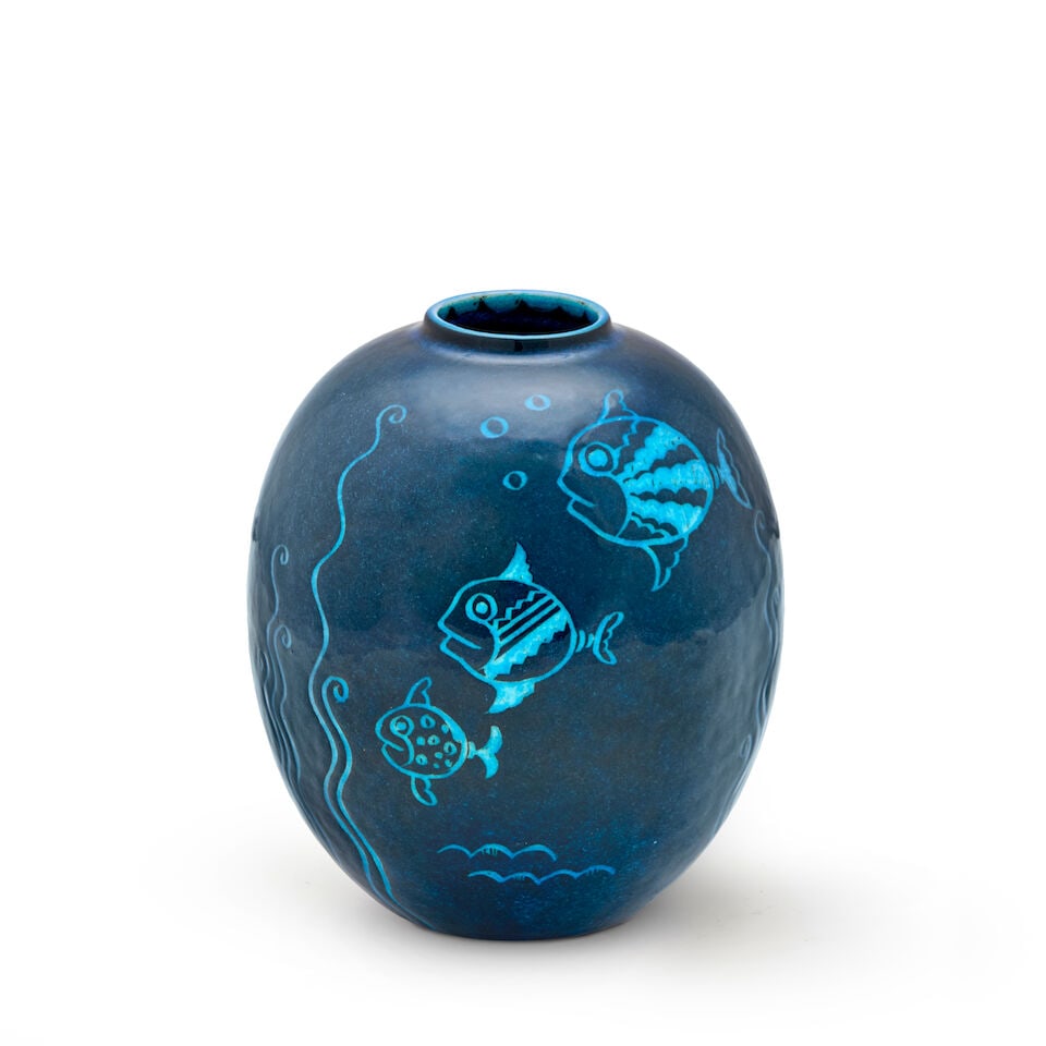 VIKTOR SCHRECKENGOST (1906-2008) FOR COWAN POTTERY VASE WITH FISH Rocky River, Ohio, circa 1931,... (1 of 5)
