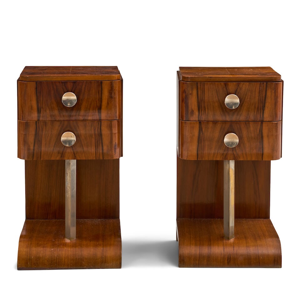 PAIR OF GEORGES GUERIN ART DECO NIGHTSTANDS Paris, France, circa 1925, walnut veneer, chromed me... (1 of 2)