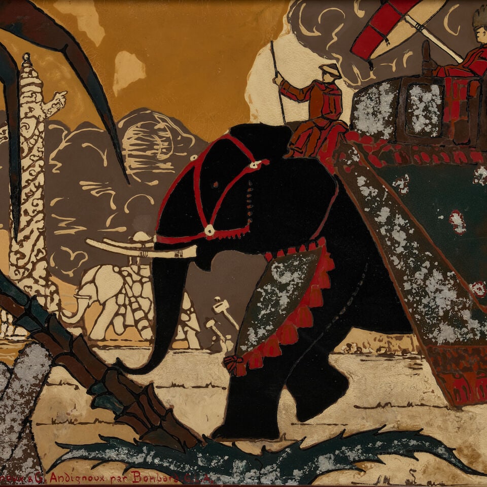 AFTER GASTON PRIOU 'PARADE DES ELEPHANTS' LACQUER PANEL France, dated 1935, lacquer on board, de... - 2