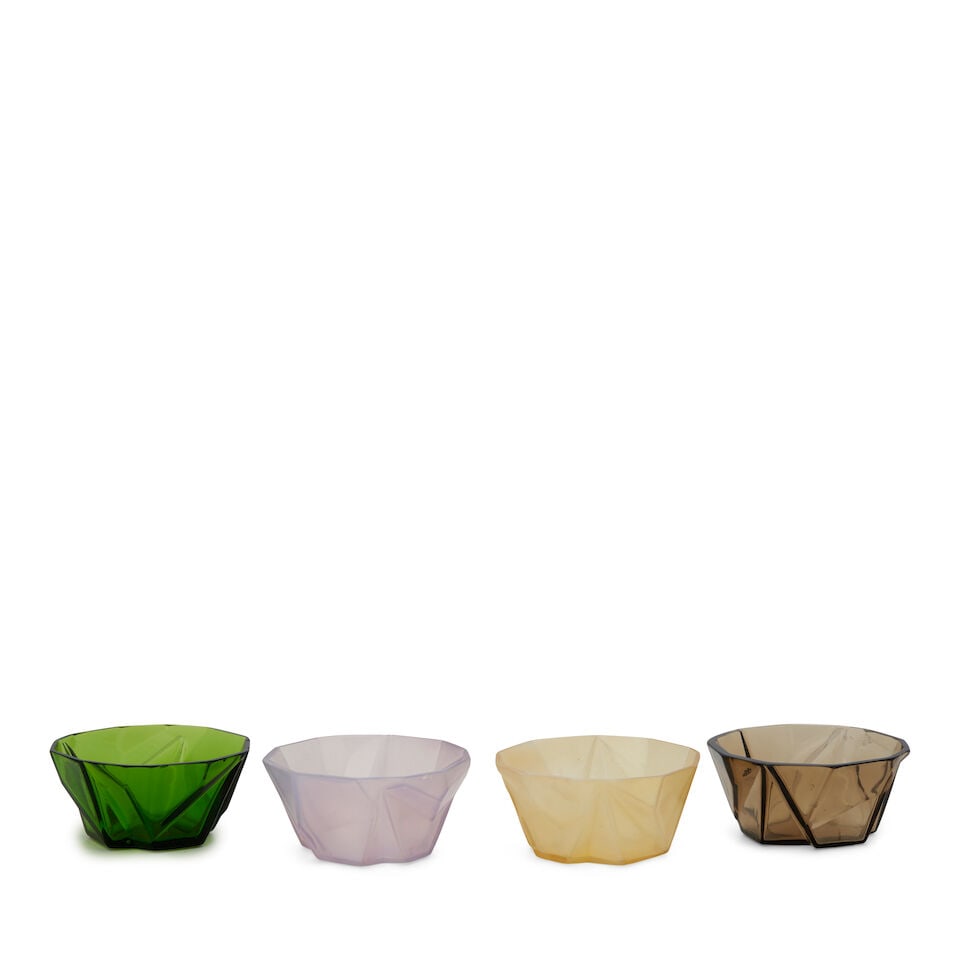 FOUR REUBEN HALEY (1872-1933) FOR CONSOLIDATED LAMP AND GLASS CO. 'RUBA ROMBIC' BOWLS Coraopolis...: FOUR REUBEN HALEY (1872-1933) FOR CONSOLIDATED LAMP AND GLASS CO. 'RUBA ROMBIC' BOWLS Coraopolis, Pennsylvania, circa 1930, mold-blown jungle green, smokey topaz, sunshine, and lavender glass, unmarke