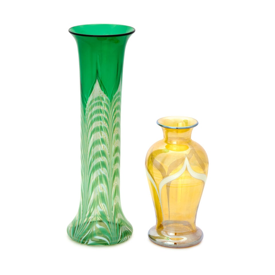 TWO VICTOR DURAND JR. (1870-1931) VASES WITH PULLED DECORATION Millville, New Jersey, circa 1925...: TWO VICTOR DURAND JR. (1870-1931) VASES WITH PULLED DECORATION Millville, New Jersey, circa 1925, blown glass, both unmarked, yellow vase, ht. 6 3/4, green vase, 12 in. For further information on this