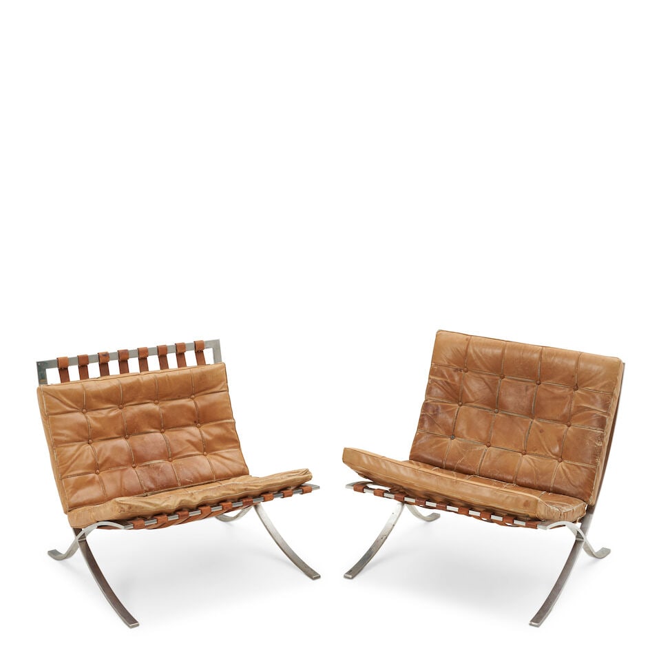 PAIR OF LUDWIG MIES VAN DER ROHE (1886-1969) FOR KNOLL ASSOCIATES 'BARCELONA' CHAIRS United Stat...: PAIR OF LUDWIG MIES VAN DER ROHE (1886-1969) FOR KNOLL ASSOCIATES 'BARCELONA' CHAIRS United States, designed 1929, later production, stainless steel, leather, both with Knoll maker's labels with 575 M