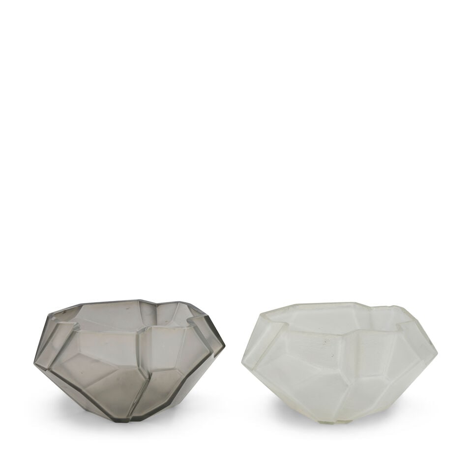 TWO REUBEN HALEY (1872-1933) FOR CONSOLIDATED LAMP AND GLASS CO. 'RUBA ROMBIC' VESSELS Coraopoli...: TWO REUBEN HALEY (1872-1933) FOR CONSOLIDATED LAMP AND GLASS CO. 'RUBA ROMBIC' VESSELS Coraopolis, Pennsylvania, circa 1928, blown glass, unmarked, iridescent bowl, ht. 4 1/8, approx. dia. 8, silver b