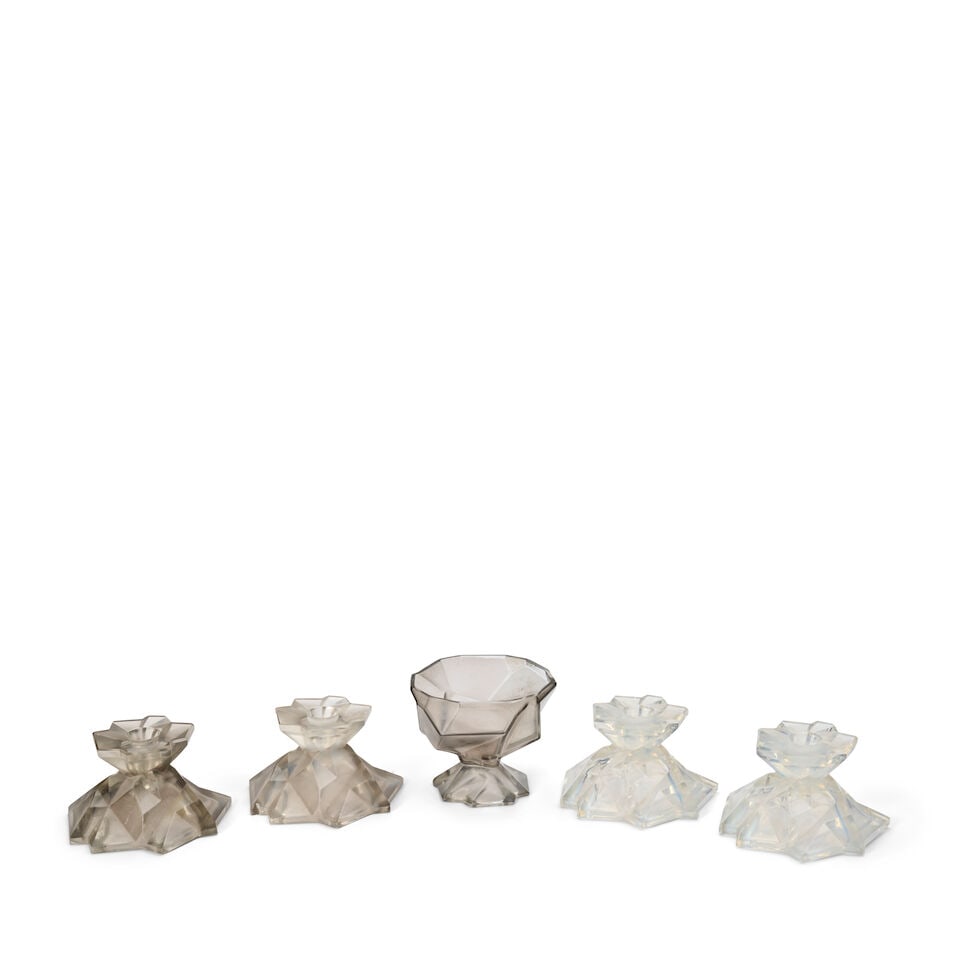 TWO PAIRS OF REUBEN HALEY (1872-1933) FOR CONSOLIDATED LAMP AND GLASS CO. 'RUBA ROMBIC' CANDLEST...: TWO PAIRS OF REUBEN HALEY (1872-1933) FOR CONSOLIDATED LAMP AND GLASS CO. 'RUBA ROMBIC' CANDLESTICKS AND A SHERBET DISH Coraopolis, Pennsylvania, circa 1930, mold-blown glass, unmarked, candlesticks, 