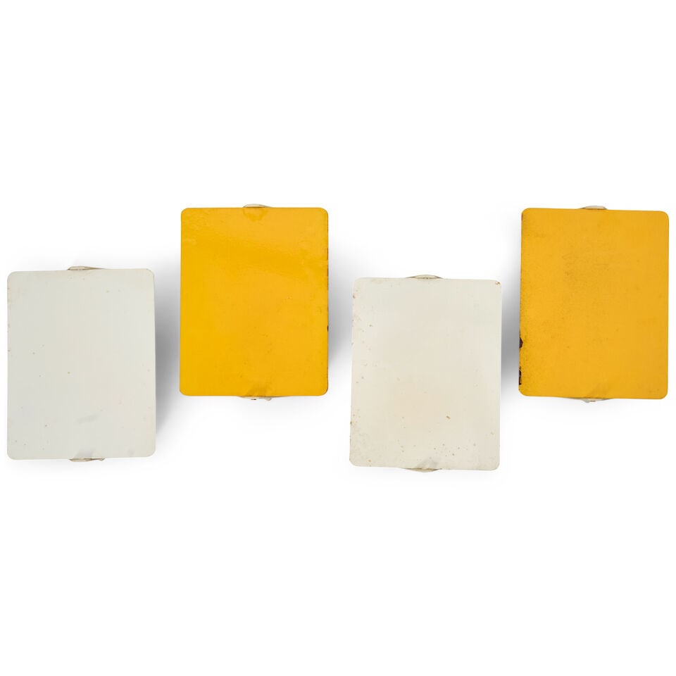 FOUR CHARLOTTE PERRIAND (1903-1999) FOR STEPH SIMON 'CP-1' WALL LIGHTS Paris, France, circa 1963...: FOUR CHARLOTTE PERRIAND (1903-1999) FOR STEPH SIMON 'CP-1' WALL LIGHTS Paris, France, circa 1963, plastic, enameled steel, single candelabra sockets, hardwired, adjustable panels are white on one side