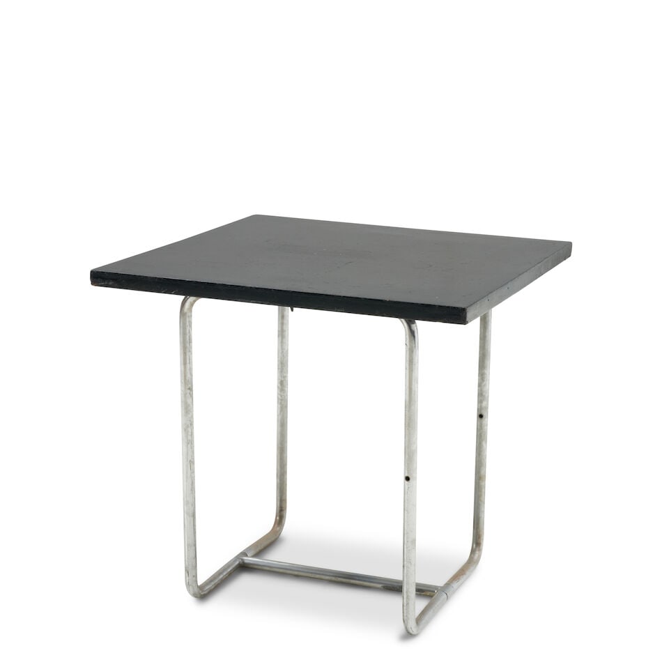 KURT FRANKENSCHWERTH (1901-1982) FOR THORNET HEIGHT-ADJUSTABLE TABLE MODEL HT 70 Germany, circa...: KURT FRANKENSCHWERTH (1901-1982) FOR THORNET HEIGHT-ADJUSTABLE TABLE MODEL HT 70 Germany, circa 1935, chromed tubular steel, lacquered wood, unmarked, ht. as shown 27 3/8, top 29 3/8 x 29 3/8 in. For 