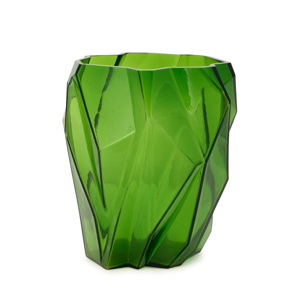 REUBEN HALEY (1872-1933) FOR CONSOLIDATED LAMP AND GLASS CO. 'RUBA ROMBIC' VASE Coraopolis, Penn...: REUBEN HALEY (1872-1933) FOR CONSOLIDATED LAMP AND GLASS CO. 'RUBA ROMBIC' VASE Coraopolis, Pennsylvania, circa 1930, mold-blown jungle green glass, unmarked, ht. 9 1/4 in. Footnotes: Literature Wilso