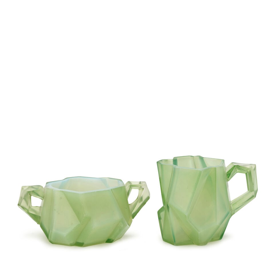 REUBEN HALEY (1872-1933) FOR CONSOLIDATED LAMP AND GLASS CO. 'RUBA ROMBIC' SUGAR AND CREAMER Cor...: REUBEN HALEY (1872-1933) FOR CONSOLIDATED LAMP AND GLASS CO. 'RUBA ROMBIC' SUGAR AND CREAMER Coraopolis, Pennsylvania, circa 1930, mold-blown jade glass, unmarked, open sugar, ht. 2 1/2, handle to han