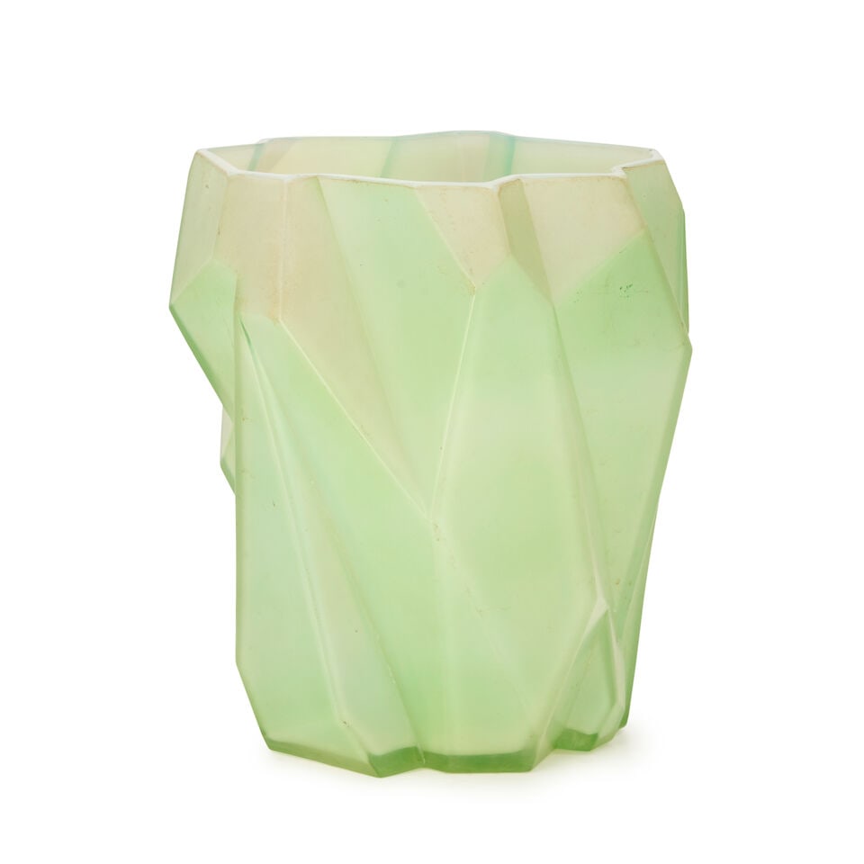 REUBEN HALEY (1872-1933) FOR CONSOLIDATED LAMP AND GLASS CO. 'RUBA ROMBIC' VASE Coraopolis, Penn...: REUBEN HALEY (1872-1933) FOR CONSOLIDATED LAMP AND GLASS CO. 'RUBA ROMBIC' VASE Coraopolis, Pennsylvania, circa 1930, mold-blown jade glass, unmarked, ht. 8 3/4 in. Footnotes: Literature For the form 