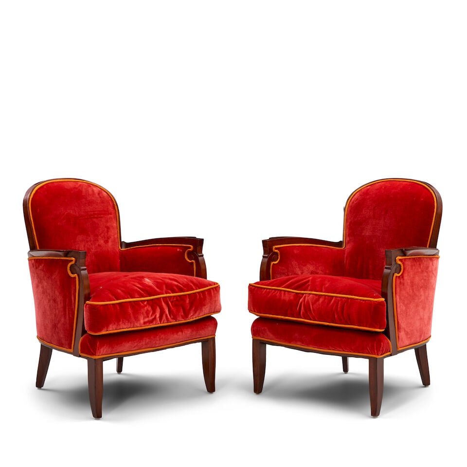 PAIR OF JULES LELEU (1883-1961) BERGERES France, circa 1945, walnut, upholstery, one stamped '18...: PAIR OF JULES LELEU (1883-1961) BERGERES France, circa 1945, walnut, upholstery, one stamped '18124' the other '18131,' ht. 33, seat ht. 19 1/2, wd. 25 1/2, dp. 27 in. Footnotes: Designed for the firs