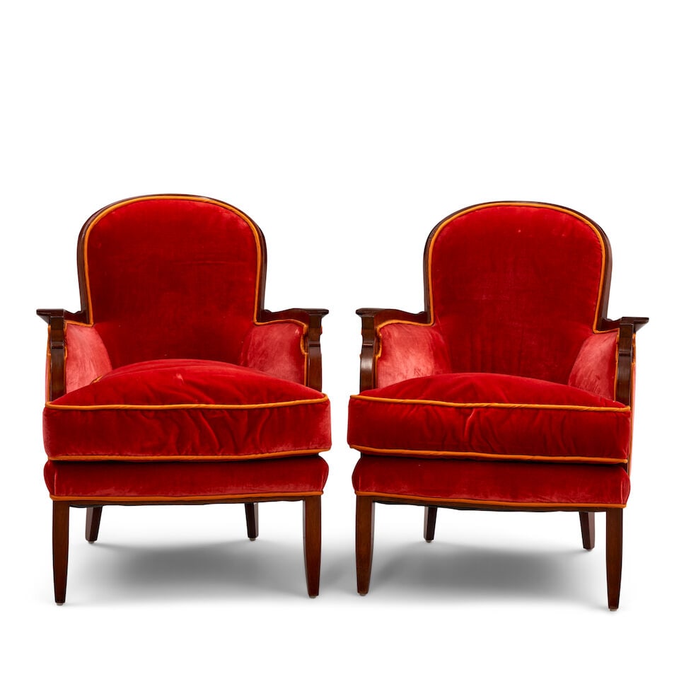 PAIR OF JULES LELEU (1883-1961) BERGERES France, circa 1945, walnut, upholstery, one stamped '18... - 2