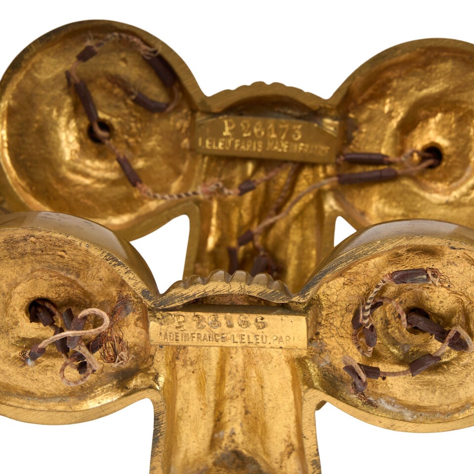 PAIR OF JULES LELEU (1883-1961) ART DECO TWO-ARM SCONCES France, circa 1940, gilt bronze, glass,... - 2