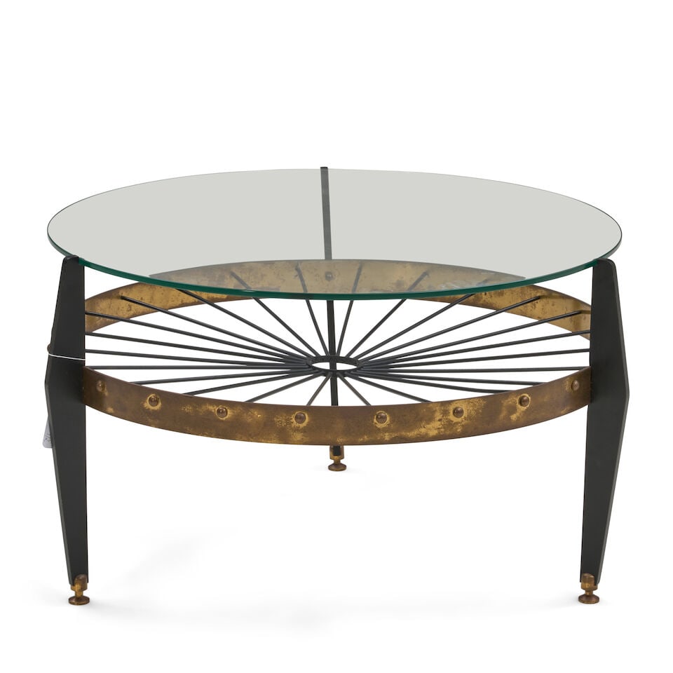 ITALIAN MODERNIST COFFEE TABLE circa 1950, enameled steel, brass, glass, unmarked, ht. 16 1/2, d...: ITALIAN MODERNIST COFFEE TABLE circa 1950, enameled steel, brass, glass, unmarked, ht. 16 1/2, dia. 27 in. For further information on this lot please visit Bonhams.com For further information about th
