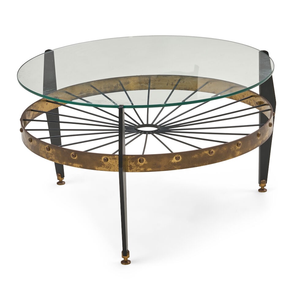 ITALIAN MODERNIST COFFEE TABLE circa 1950, enameled steel, brass, glass, unmarked, ht. 16 1/2, d... - 2
