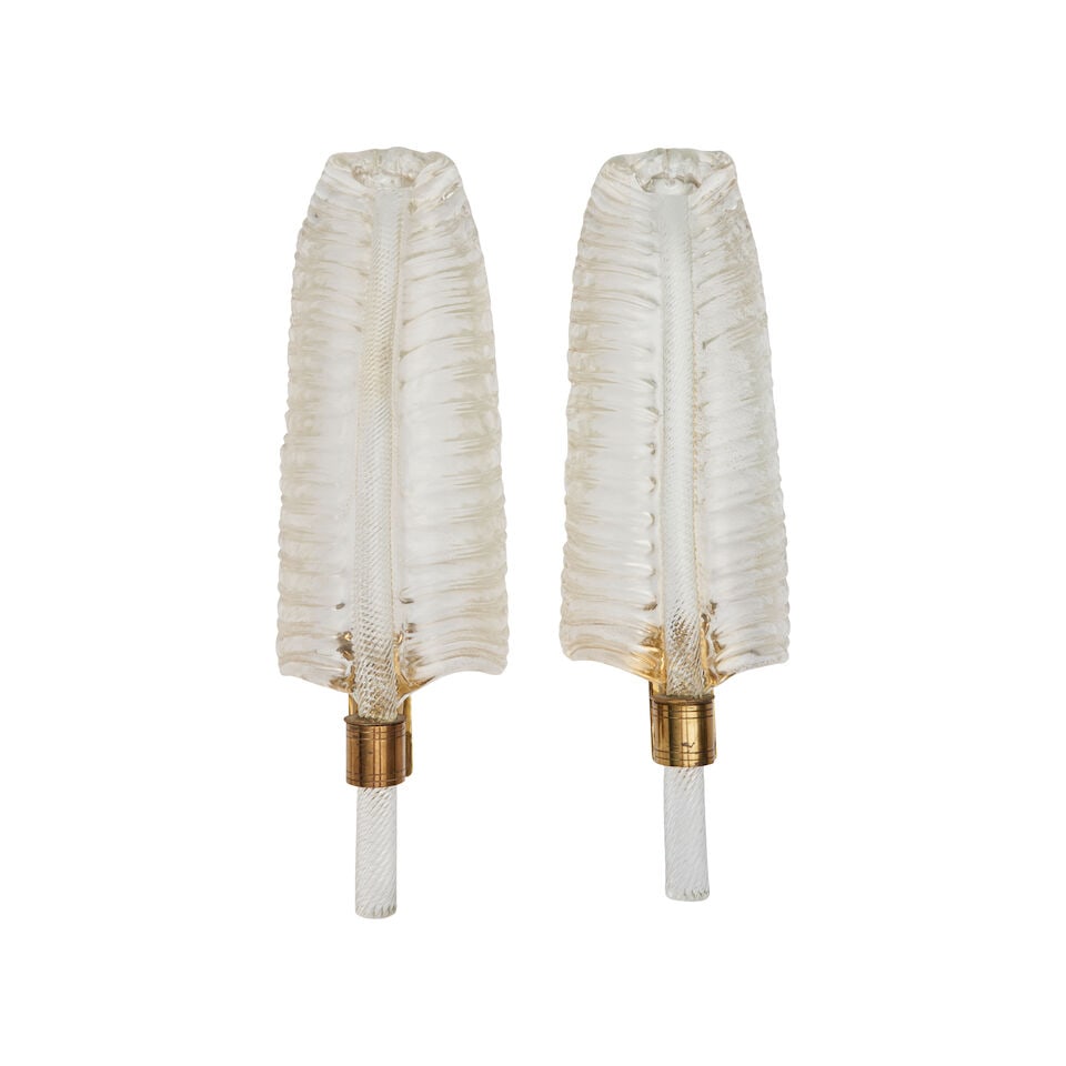 PAIR OF BAROVIER & TOSO FEATHER-FORM SCONCES Murano, Italy, circa 1940, gold aventurine glass, l... (1 of 3)