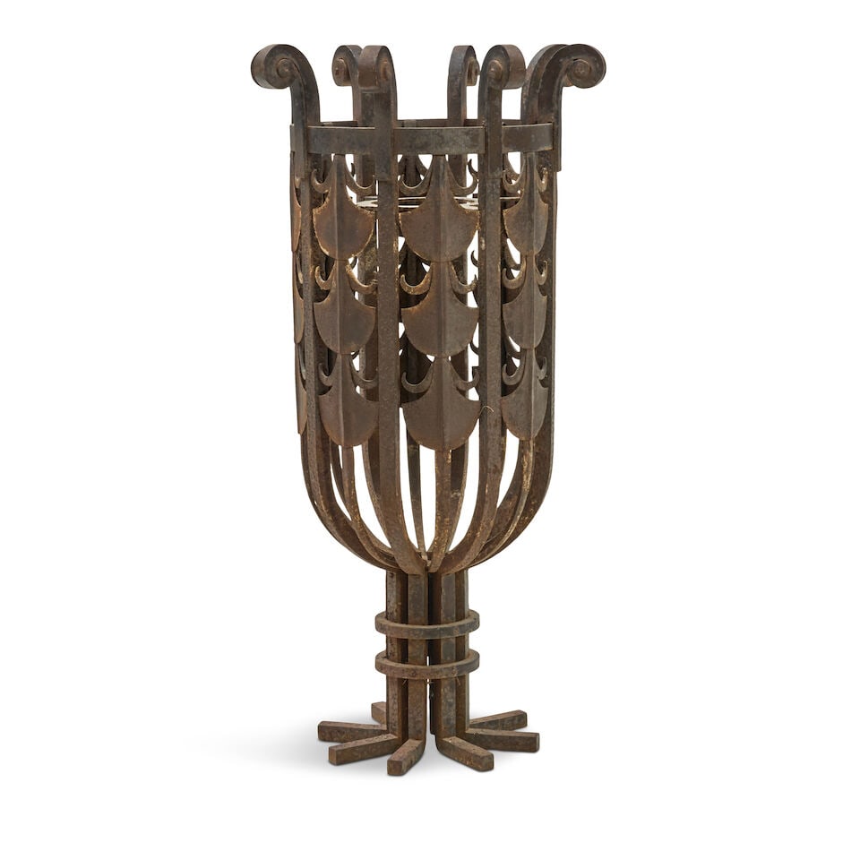 FRENCH HAND-WROUGHT IRON BRAZIER circa 1940, unmarked, ht. 38, top dia. 19 1/2 in.: FRENCH HAND-WROUGHT IRON BRAZIER circa 1940, unmarked, ht. 38, top dia. 19 1/2 in. For further information on this lot please visit Bonhams.com For further information about this lot please visit the