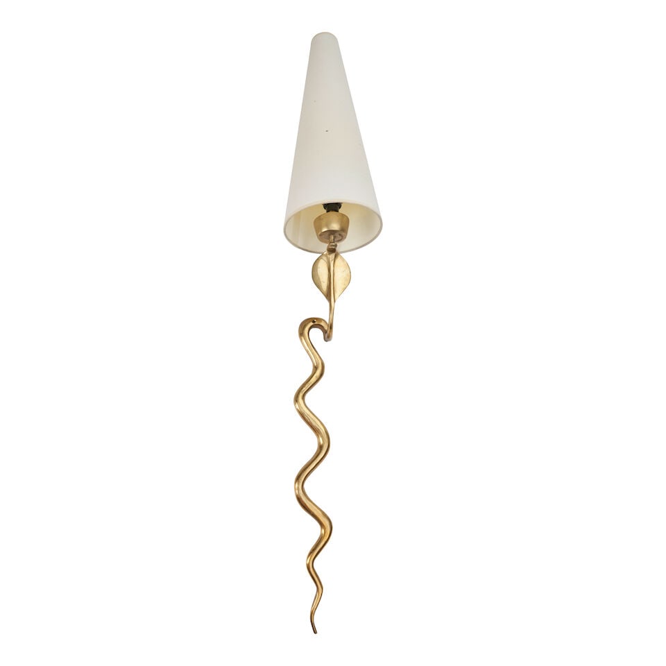 SNAKE-FORM SCONCE France, circa 1950, lacquered brass, single socket, paper shade, ht. to top of...: SNAKE-FORM SCONCE France, circa 1950, lacquered brass, single socket, paper shade, ht. to top of socket 28 1/2, as shown total ht. 41 1/2, fixture dp. 5 in. For further information on this lot please 