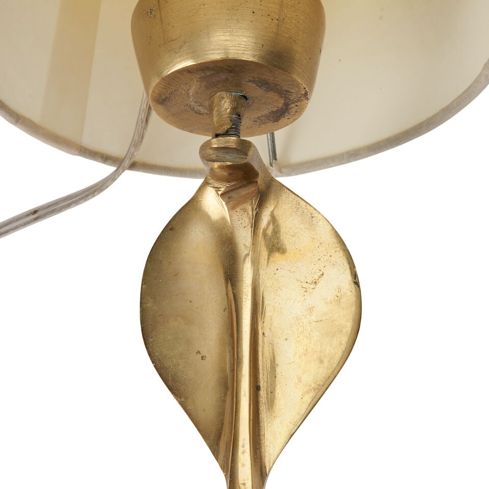SNAKE-FORM SCONCE France, circa 1950, lacquered brass, single socket, paper shade, ht. to top of... - 2