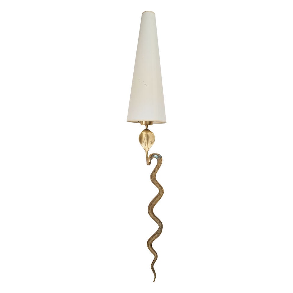 SNAKE-FORM SCONCE France, circa 1950, lacquered brass, single socket, paper shade, ht. to top of... - 3