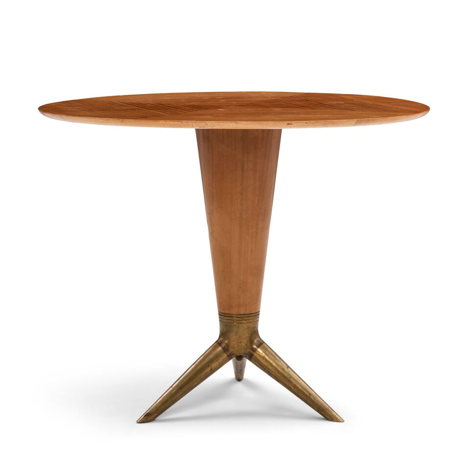 I.S.A. CENTER TABLE Bergamo, Italy, circa 1955, maple, brass, unmarked, ht. 31, dia. 39 1/4 in. - 2
