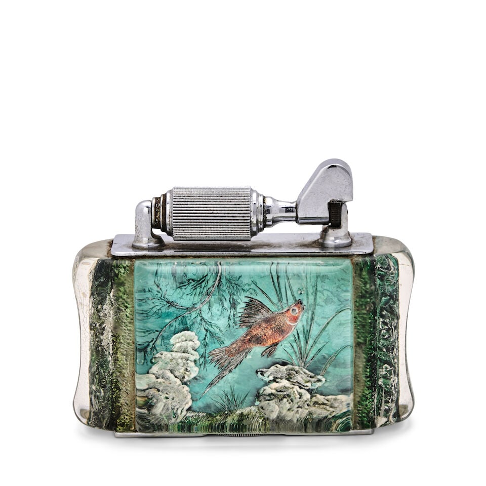 C.J.M. WHINNEY FOR MCMURDO AQUARIUM TABLE LIGHTER England, circa 1950, hand-carved and reverse i... (1 of 3)