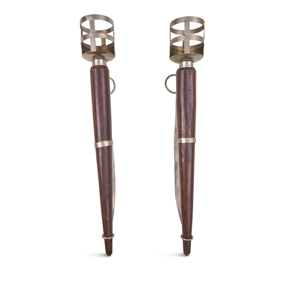 PAIR OF TORCH WALL SCONCES France, mid-20th century, mahogany, wrought iron, steel, unmarked, lg... (1 of 2)
