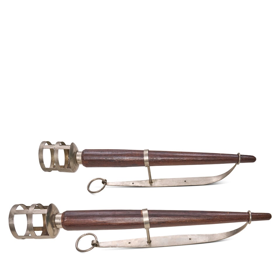 PAIR OF TORCH WALL SCONCES France, mid-20th century, mahogany, wrought iron, steel, unmarked, lg... - 2