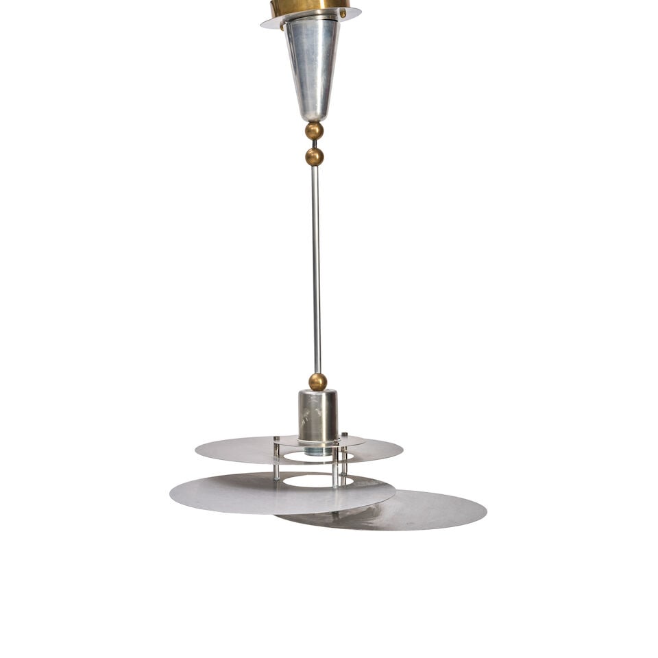 PENDANT LIGHT ATTRIBUTED TO RENE HERBST probably France, circa 1940, steel, aluminum, brass, sin... (1 of 4)