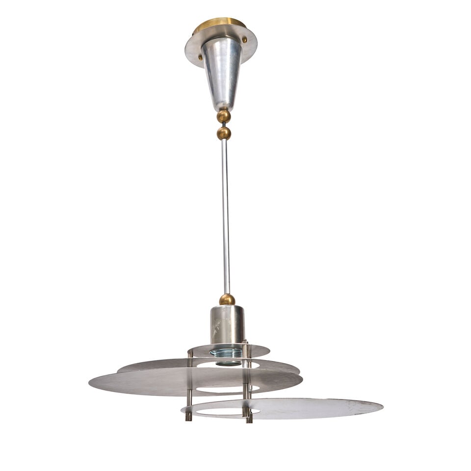 PENDANT LIGHT ATTRIBUTED TO RENE HERBST probably France, circa 1940, steel, aluminum, brass, sin... - 3