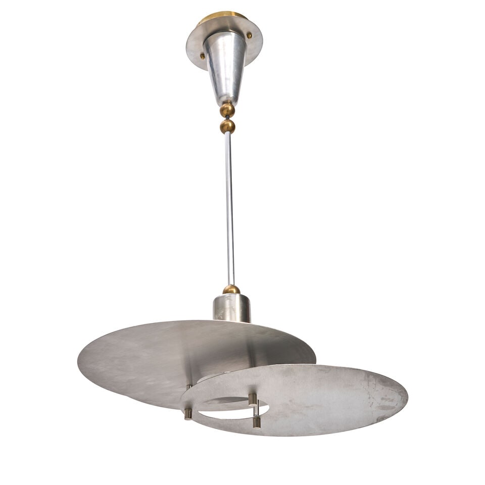 PENDANT LIGHT ATTRIBUTED TO RENE HERBST probably France, circa 1940, steel, aluminum, brass, sin... - 4