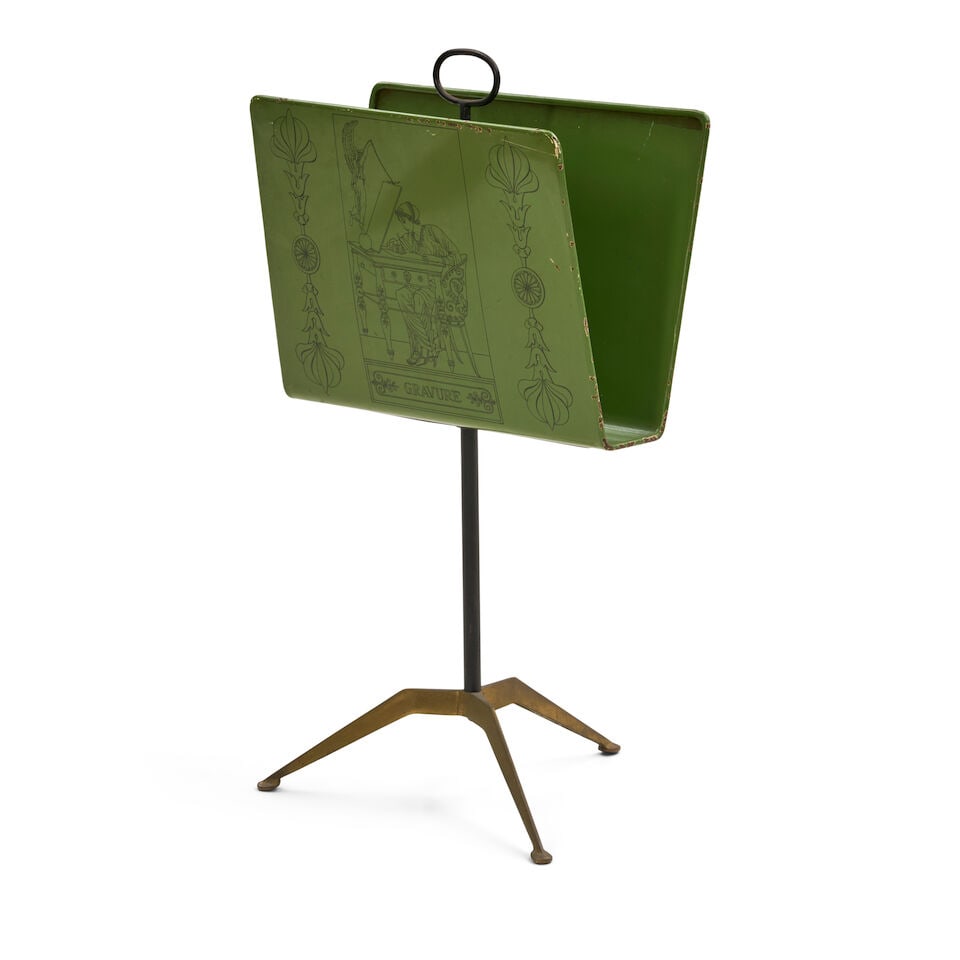 PIERO FORNASETTI (1913-1988) 'GRAVURE' MAGAZINE STAND Italy, early 1960s, brass, enameled iron, ... - 3