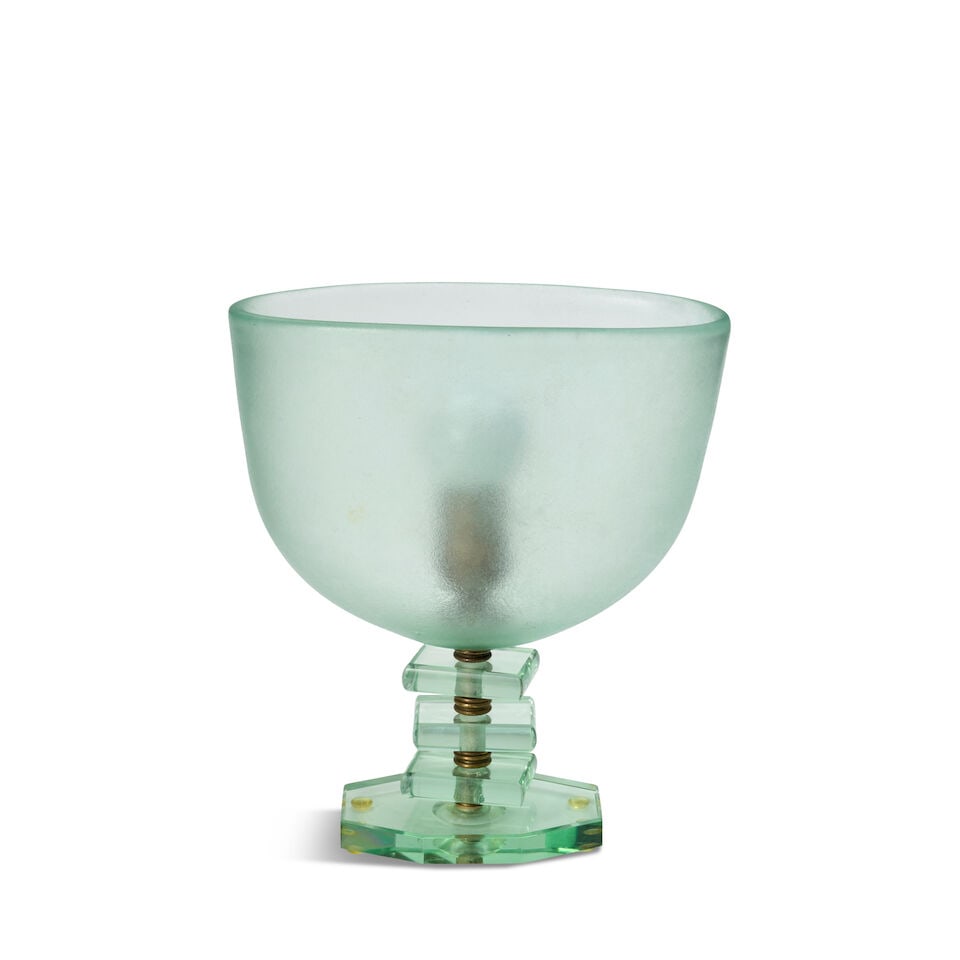 CORROSO GLASS TABLE LAMP Murano, Italy, circa 1950, Corroso and tinted glass, patinated metal, s...: CORROSO GLASS TABLE LAMP Murano, Italy, circa 1950, Corroso and tinted glass, patinated metal, single socket, unmarked, ht. 10, wd. 9, dp. 4 2/4 in. For further information on this lot please visit Bo