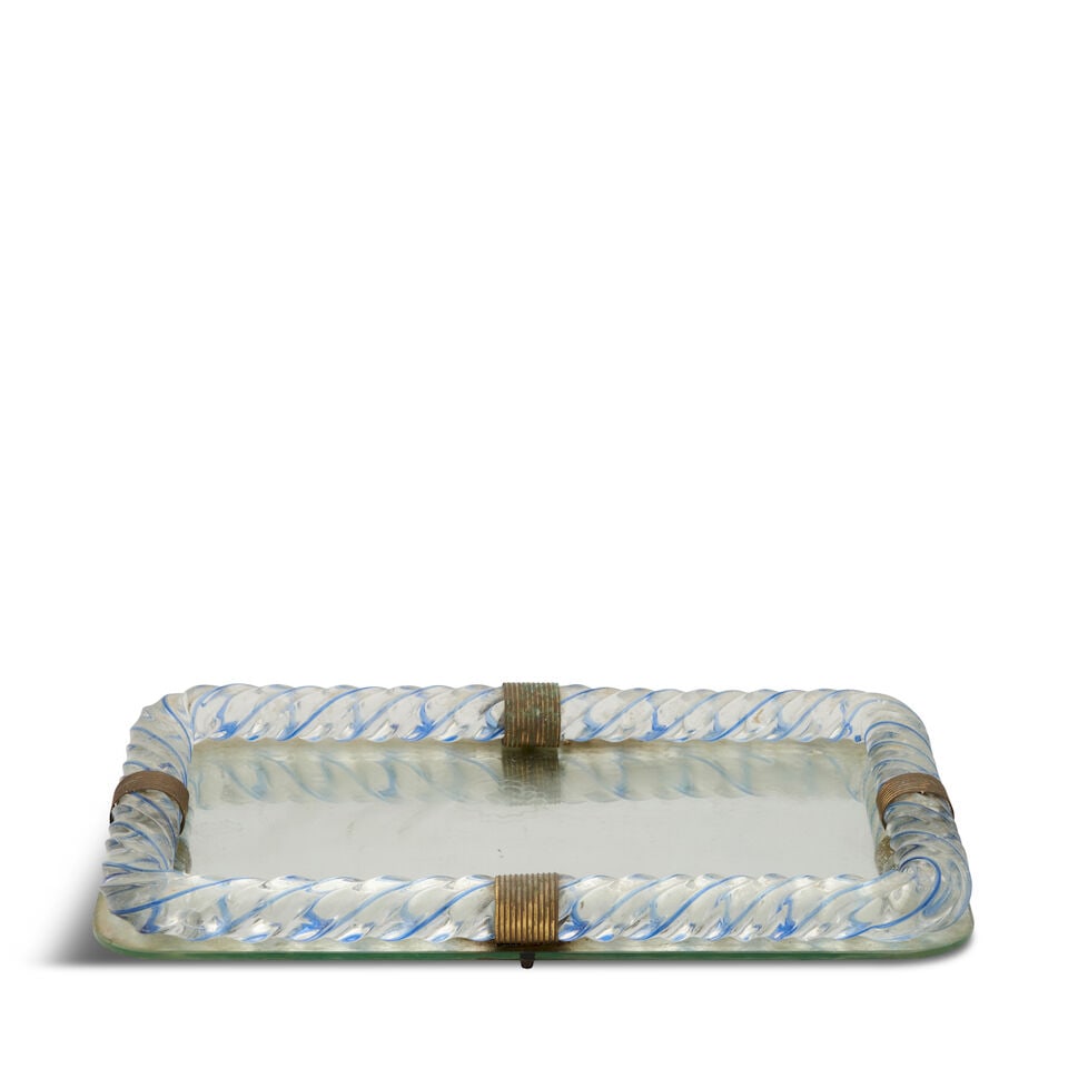 VENINI BLUE SWIRL GLASS MIRRORED TRAY Murano, Italy, circa 1940, glass, mirror glass, brass, rub... (1 of 3)