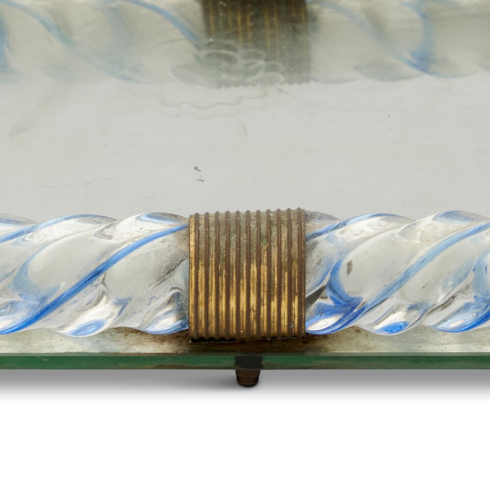 VENINI BLUE SWIRL GLASS MIRRORED TRAY Murano, Italy, circa 1940, glass, mirror glass, brass, rub... - 3